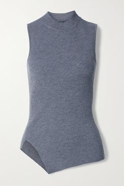 Asymmetric Ribbed Wool-blend Turtleneck Top - Dark gray