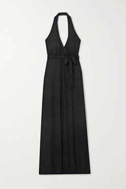Metallic Striped Crepe Halterneck Wrap Maxi Dress - Black