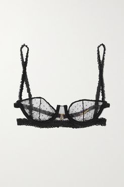Lace-trimmed Point D'esprit Tulle Underwired Balconette Bra - Black