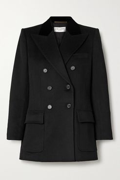 Double-breasted Velvet-trimmed Wool And Cashmere-blend Blazer - Black