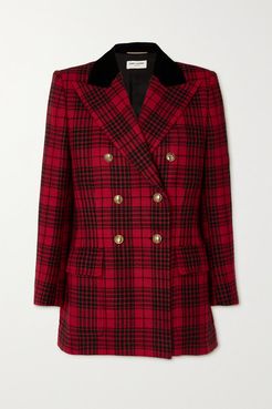 Double-breasted Velvet-trimmed Checked Wool Blazer - Red