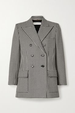 Double-breasted Checked Wool Blazer - Black