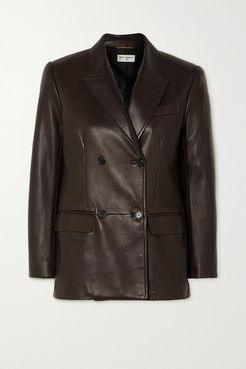 Double-breasted Leather Blazer - Brown