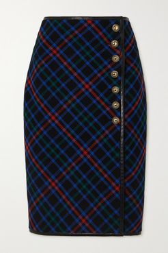 Leather-trimmed Checked Wool-twill Skirt - Navy