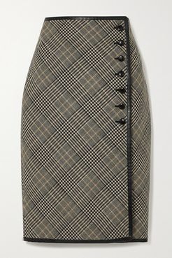 Leather-trimmed Prince Of Wales Checked Wool Skirt - Beige