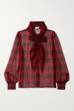 Pussy-bow Checked Silk-chiffon Blouse - Red