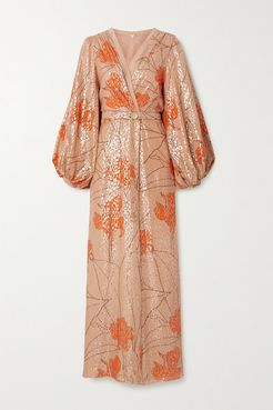 Net Sustain Bella Illusion Belted Printed Fil Coupé Silk-blend Maxi Dress - Blush