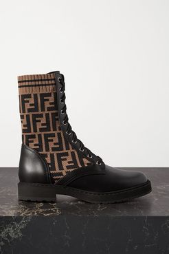 Rockoko Logo-jacquard Stretch-knit And Leather Ankle Boots - Black