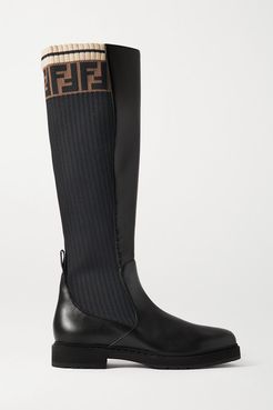 Logo-jacquard Stretch-knit And Leather Knee Boots - Black