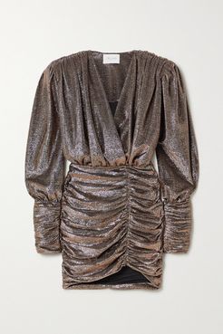 Wrap-effect Ruched Lamé Mini Dress - Bronze