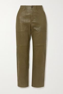 Leather Straight-leg Pants - Army green