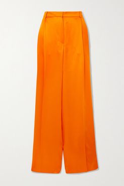 Pleated Silk-satin Wide-leg Pants - Orange