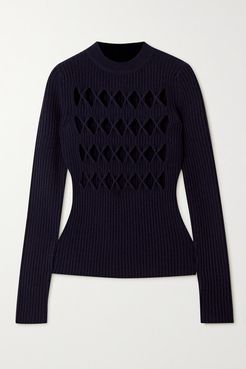 Cutout Ribbed Wool-blend Sweater - Midnight blue