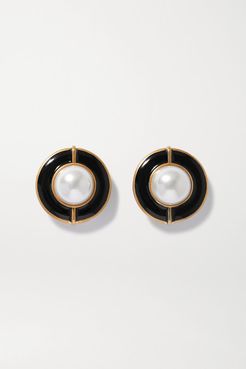 Gold-tone, Enamel And Faux Pearl Clip Earrings - White
