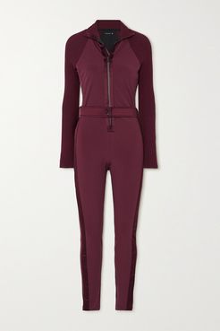 Sofia Belted Satin-trimmed Stretch And Ribbed-knit Jumpsuit - Plum