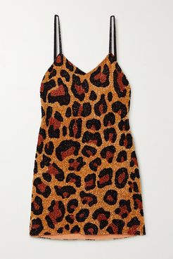 Open-back Sequined Chiffon Mini Dress - Leopard print