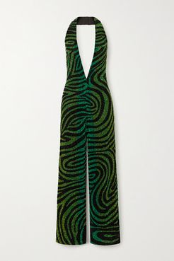 Sequined Chiffon Halterneck Jumpsuit - Green