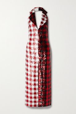 Gingham Sequined Georgette Halterneck Maxi Dress - Red