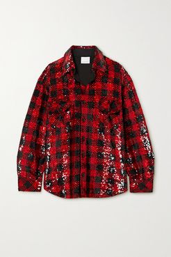 Oversized Checked Sequined Cotton Shirt - Red