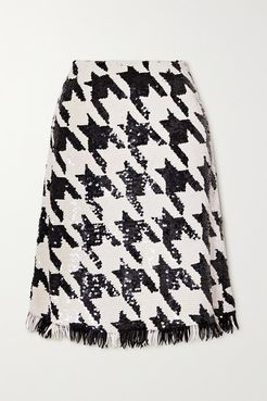 Fringed Houndstooth Sequined Cotton Skirt - Black