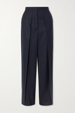 Vegetarian Leather-trimmed Pleated Wool-twill Straight-leg Pants - Navy