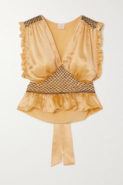 Valeria Cropped Bow-detailed Ruffled Smocked Silk-satin Top - Gold