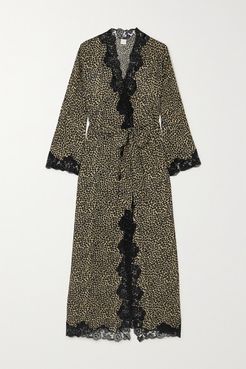 Greta Lace-trimmed Leopard-print Silk-georgette Robe - Gold