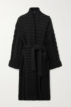 Oversized Belted Cable-knit Wool And Cashmere-blend Cardigan - Black