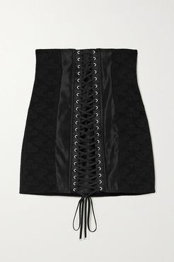Lace-up Satin-trimmed Floral-jacquard Mini Skirt - Black