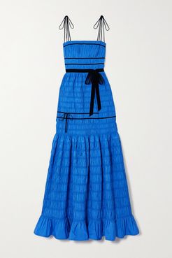 Minnie Velvet-trimmed Shirred Tiered Taffeta Gown - Blue