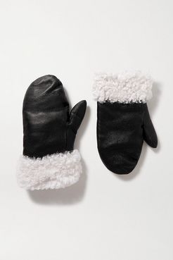 Shearling-trimmed Leather Mittens - Black