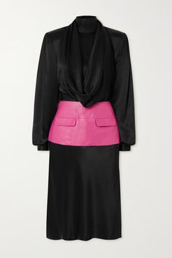 Faux Leather-paneled Draped Satin Dress - Black