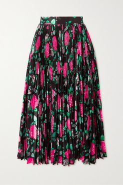 Pleated Floral-print Taffeta Midi Skirt - Black