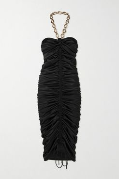 Roxy Chain-detail Ruched Satin Halterneck Midi Dress - Black