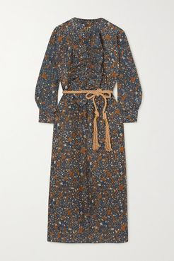 Belted Ruffled Printed Linen Midi Dress - Blue