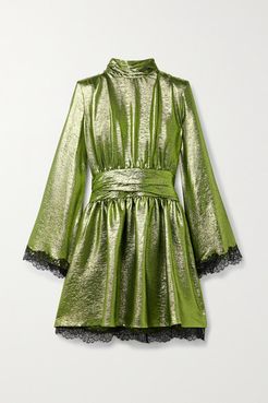 Lace-trimmed Silk-blend Lamé Turtleneck Mini Dress - Light green