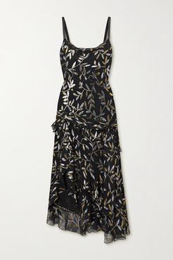 Asymmetric Ruffled Metallic Fil Coupé Silk-blend Chiffon Dress - Black