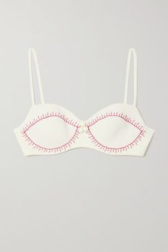 Salento Embellished Embroidered Seersucker Bikini Top - White