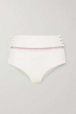 Salento Embellished Embroidered Seersucker Bikini Briefs - White