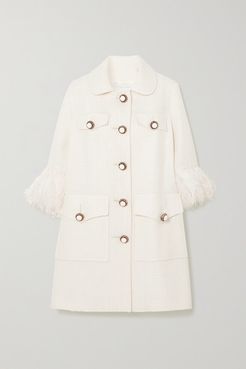 Feather-trimmed Wool-blend Tweed Coat - White