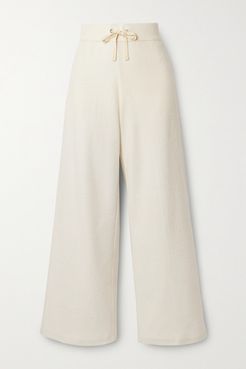 Brushed Waffle-knit Cotton And Cashmere-blend Wide-leg Pants - Beige