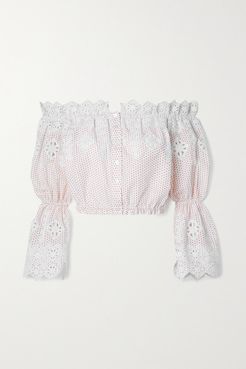 Ari Off-the-shoulder Embroidered Polka-dot Cotton-poplin Top - White