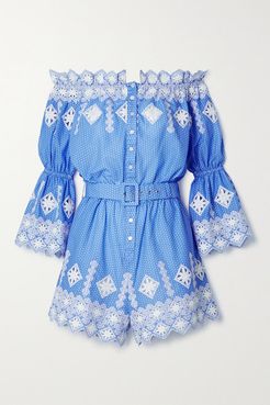 Halle Off-the-shoulder Embroidered Polka-dot Cotton-poplin Playsuit - Blue