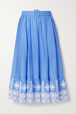 Debbie Embroidered Polka-dot Cotton-poplin Midi Skirt - Blue