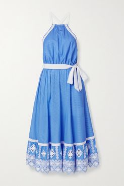 Amanda Open-back Embroidered Polka-dot Cotton-poplin Midi Dress - Blue