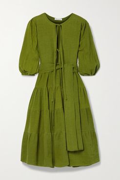 Net Sustain Medina Belted Tiered Linen Midi Dress - Army green