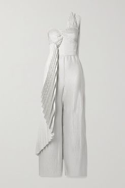 One-shoulder Pleated Metallic Silk-blend Crepe Jumpsuit - White