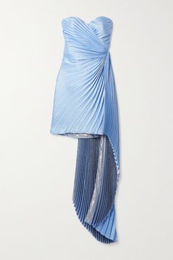 Draped Pleated Metallic Silk-blend Crepe Mini Dress - Light blue