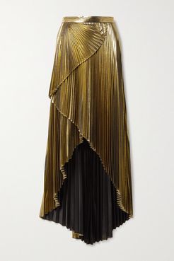 Wrap-effect Layered Pleated Lamé Maxi Skirt - Gold