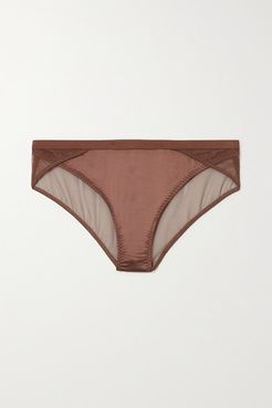Lara Satin And Stretch-tulle Briefs - Brown